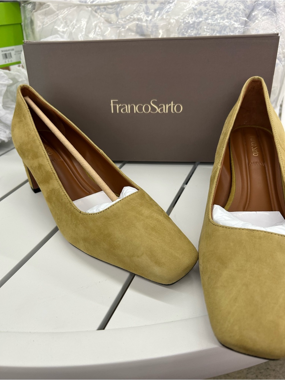 Franco Sarto Women's Suede Square-Toe Low Heel Pumps in Mustard